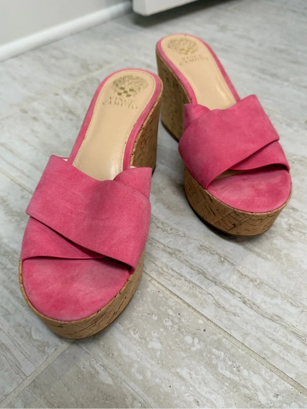 Vince Camuto Pink Suede Cork Wedge Slides